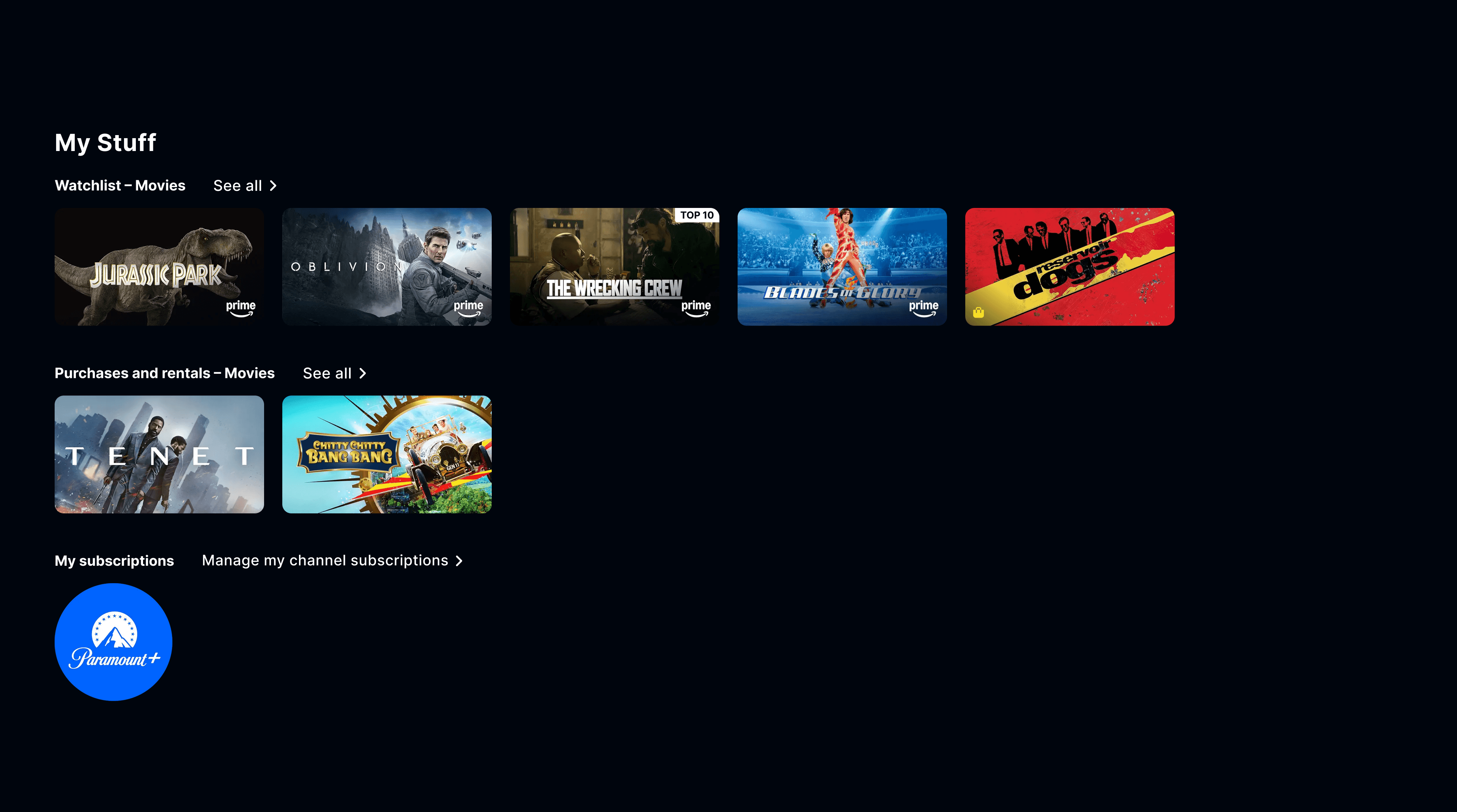 The current Prime Video My Stuff screen on TV — a horizontal scroll of thumbnails with no filtering, sorting, or organisation.