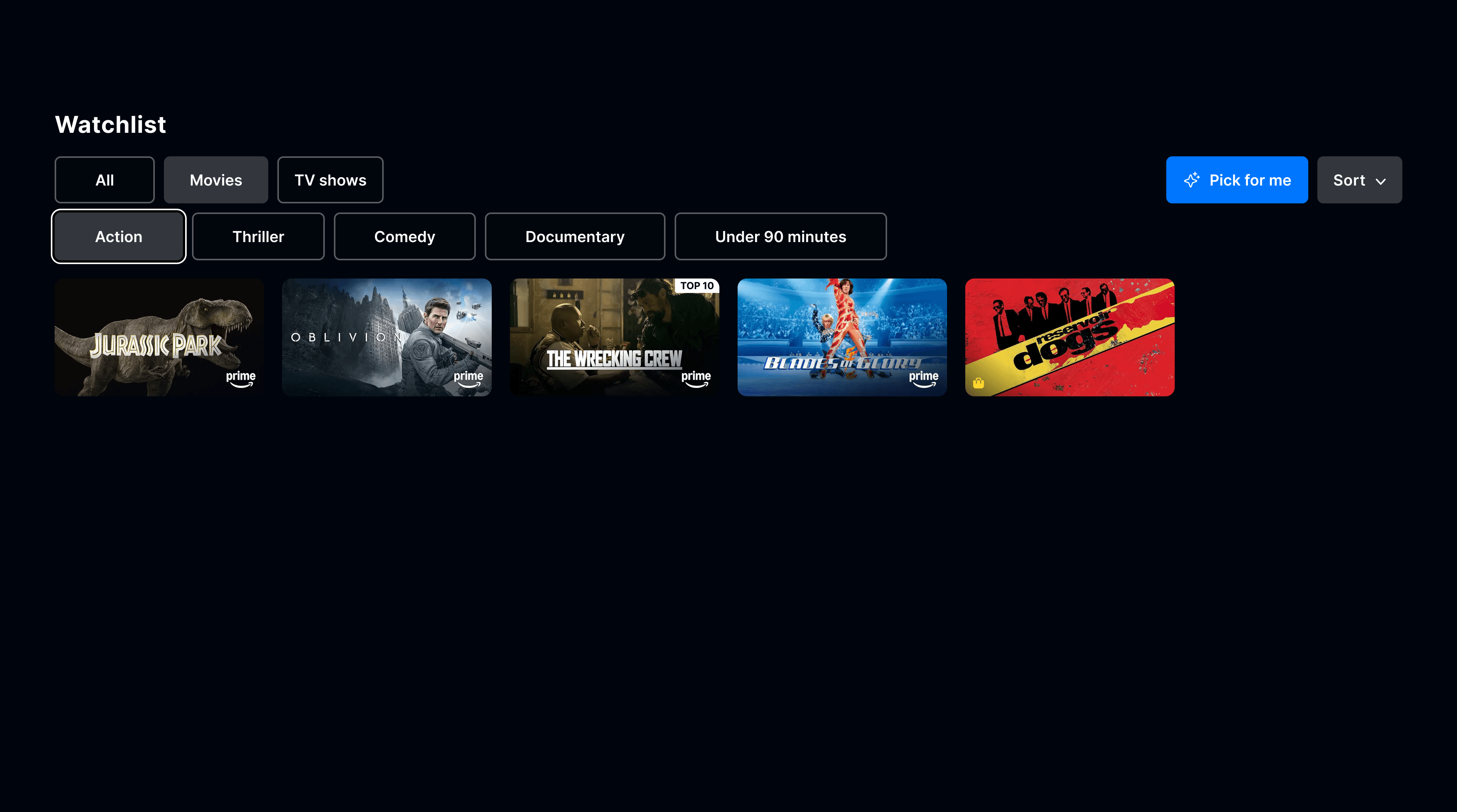 Redesigned watchlist with All, Movies, and TV Shows tabs, genre filter chips for Action, Thriller, Comedy, Documentary, and Under 90 minutes, plus a Pick for Me button and Sort dropdown.