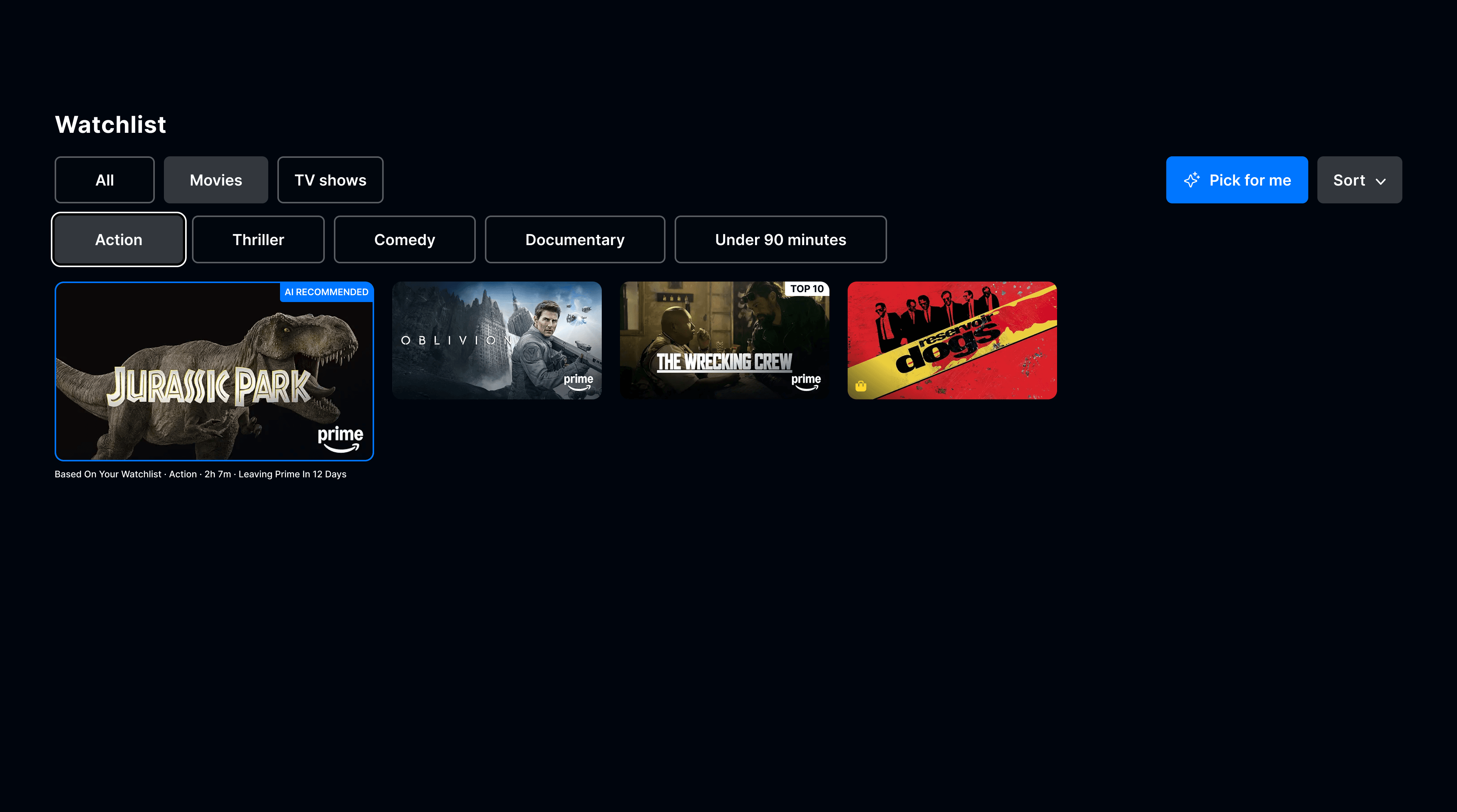 Pick for Me activated — the first card is enlarged with an AI Recommended badge and contextual text: Based on your watchlist, Action, 2h 7m, Leaving Prime in 12 days.